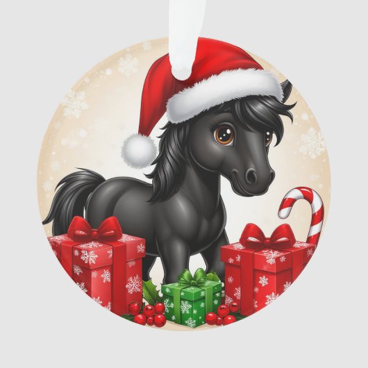 Schattig zwart paard met kerstmuts ornament (voorkant)