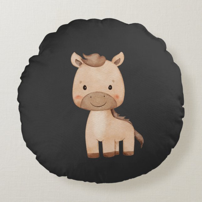Schattig zwart paard  rond kussen (Voorkant)