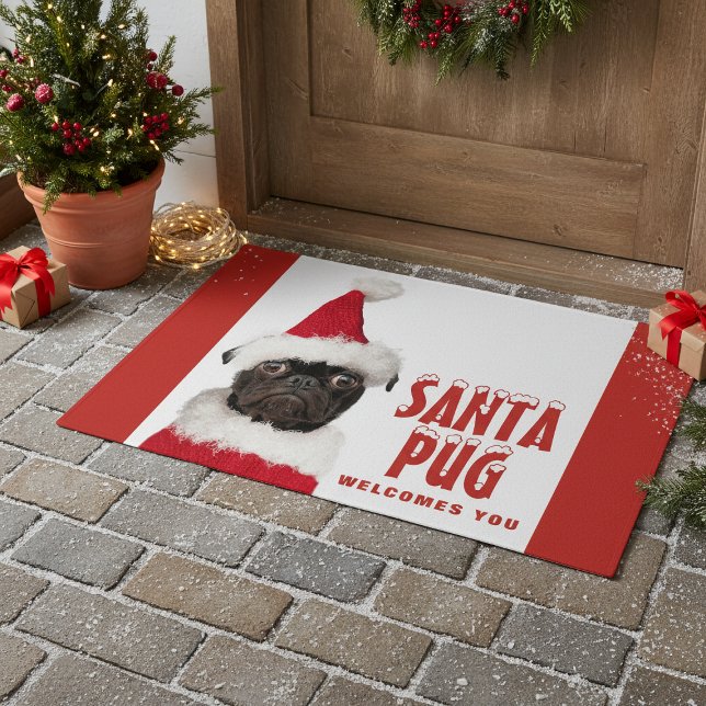 Schattig Zwart Pug in Santa Hat Kerstmis Deurmat (Creator heeft geüpload)
