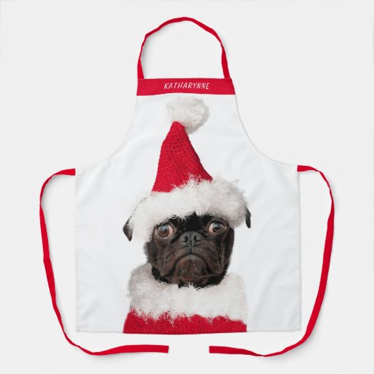 Schattig Zwart Pug in Santa Hat Kerstmis Schort (Voorkant)