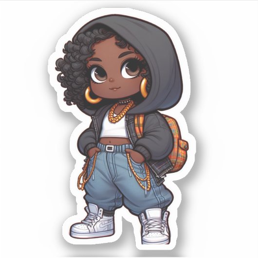 Schattig zwart streetstyle chibi sticker (Voorkant)
