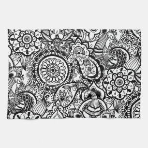 Schattig zwart wit bloemmotief paisley theedoek
