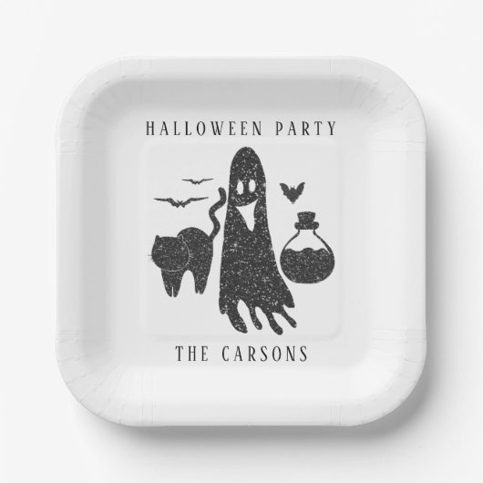 Schattig zwart wit halloween spook vleermuizen kat papieren bordje (Voorkant)