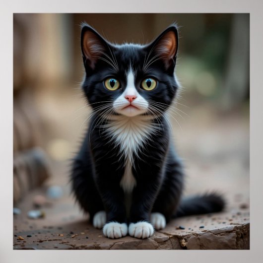 Schattig zwart-wit katje zit buiten poster (Voorkant)