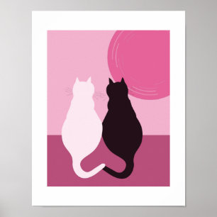Schattig zwart-wit kattenpaar bij roze zonsonderga poster