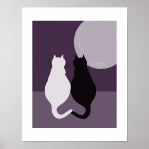 Schattig zwart-wit kattenpaar paars-blauwe nacht poster