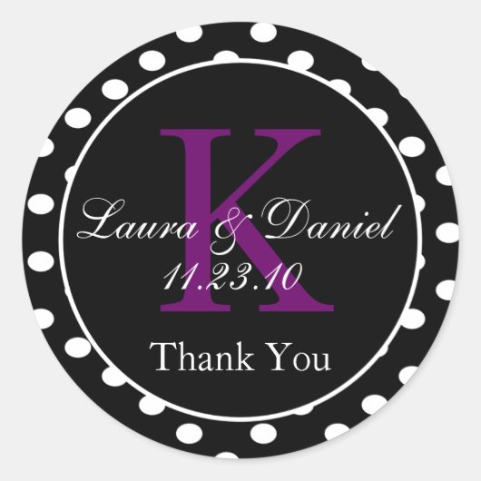 Schattig Zwart Wit Paarse Polka Dots Monogram Favo Ronde Sticker (Voorkant)