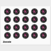 Schattig Zwart Wit Roze Polka Dot Monogram Favor Ronde Sticker (Vel)