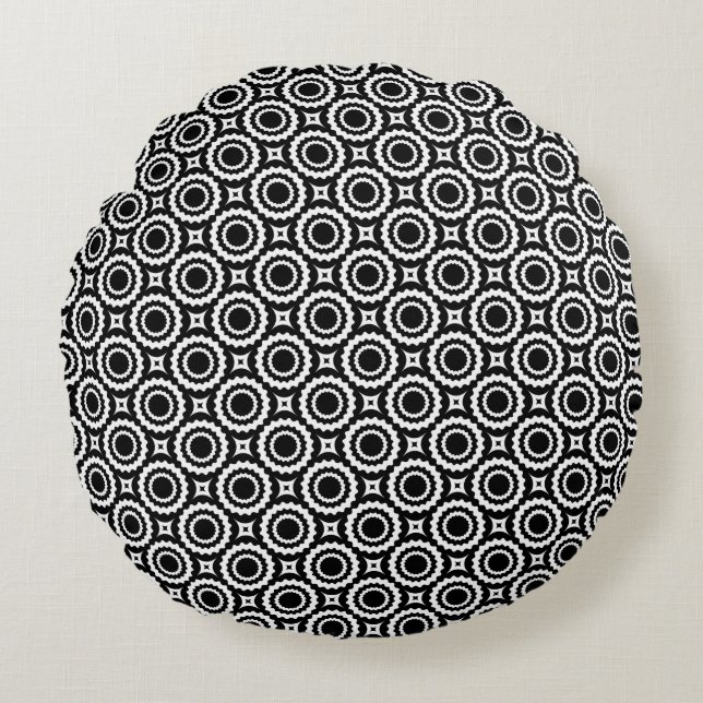 Schattig zwart wit zigzag cirkels ontwerp rond kussen (Voorkant)