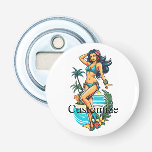Schattig zwartharig bikinimeisje op het strand Thu Button Flesopener