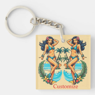 Schattig zwartharig bikinimeisje op het strand Thu Sleutelhanger
