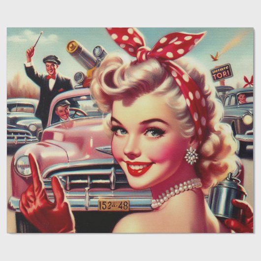 Schattige  1950s Meisje Cadeaupapier (Vlak)