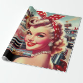 Schattige  1950s Meisje Cadeaupapier (Uitgerold)