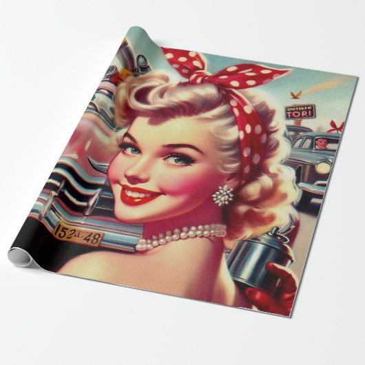 Schattige  1950s Meisje Cadeaupapier (Uitgerold)