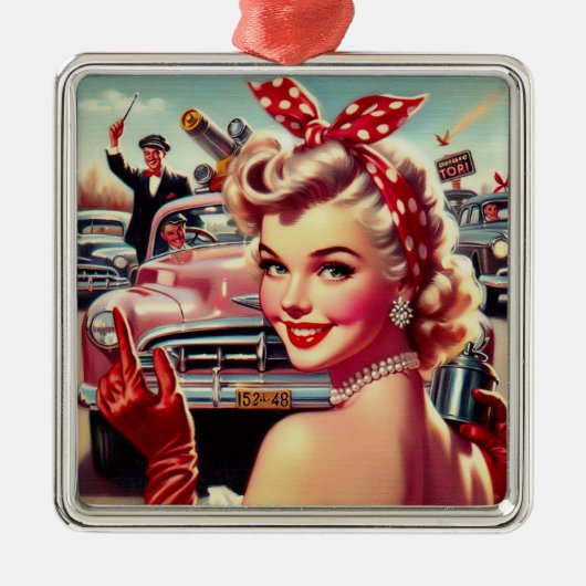 Schattige  1950s Meisje Metalen Ornament (Voorkant)