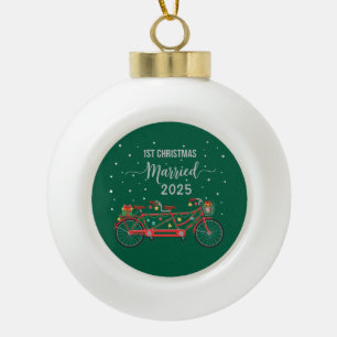 Schattige 1e kerst getrouwd 2025 tandem fiets keramische bal ornament