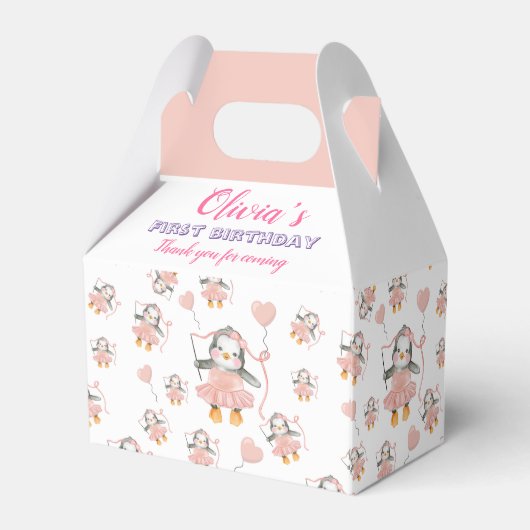 Schattige 1e Verjaardag Pinguïn Ballerina Roze Fee Bedankdoosjes (Achterkant)