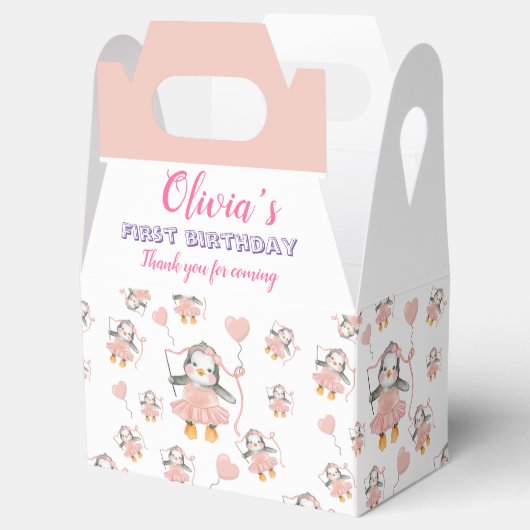 Schattige 1e Verjaardag Pinguïn Ballerina Roze Fee Bedankdoosjes (Geopend)