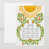 Schattige 2026 Kalender Zon en Sinaasappels Bloeme Feestdagenkaart (Voorkant / Achterkant)