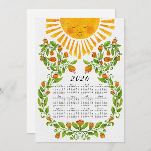 Schattige 2026 Kalender Zon en Sinaasappels Bloeme Feestdagenkaart (Voorkant / Achterkant)