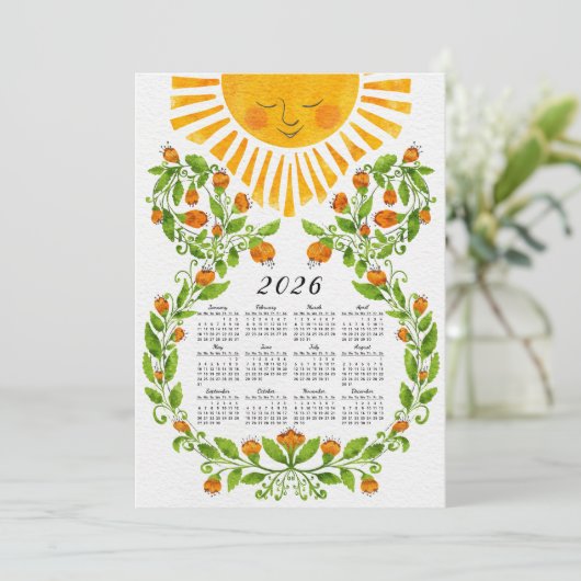 Schattige 2026 Kalender Zon en Sinaasappels Bloeme Feestdagenkaart (Staand voorkant)