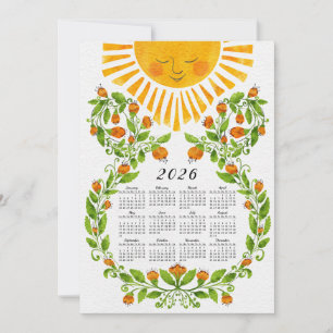 Schattige 2026 Kalender Zon en Sinaasappels Bloeme Feestdagenkaart