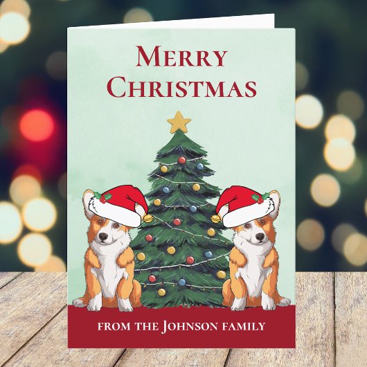 Schattige 2 Corgi kerstboom gepersonaliseerde hond Feestdagen Kaart