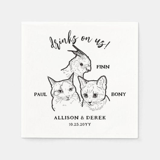 Schattige 3 huiskat gezichten Drinken op ons huwel Servet (Voorkant)