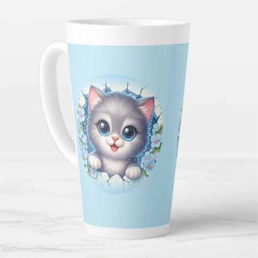 Schattige 3D Cat gluren door bloemenwandontwerp Latte Mok (Linkerhoek)