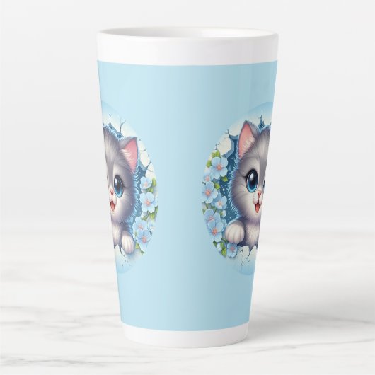 Schattige 3D Cat gluren door bloemenwandontwerp Latte Mok (Voorkant)