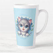 Schattige 3D Cat gluren door bloemenwandontwerp Latte Mok (Rechts)