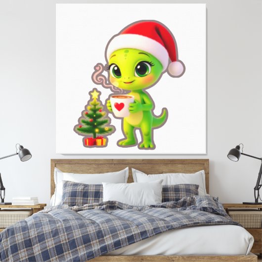 **Schattige 3D groene alien in kerstmuts met warme Canvas Afdruk (Insitu (Slaapkamer))