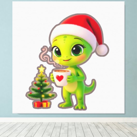 **Schattige 3D groene alien in kerstmuts met warme Canvas Afdruk (Insitu (Houten vloer))