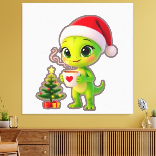 **Schattige 3D groene alien in kerstmuts met warme Canvas Afdruk (Insitu (Woonkamer))