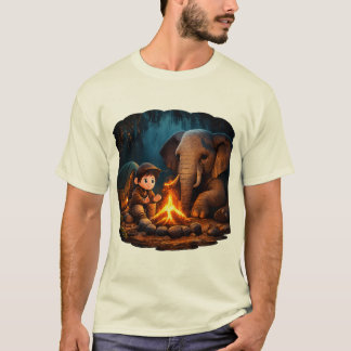 “Schattige 3D-jongen & olifant kampvuur sticker in T-shirt