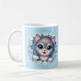 Schattige 3D kat kijkt door bloemige muurontwerp Koffiemok