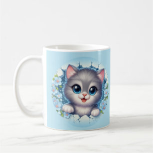 Schattige 3D kat kijkt door bloemige muurontwerp Koffiemok