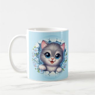 Schattige 3D kat kijkt door bloemige muurontwerp Koffiemok