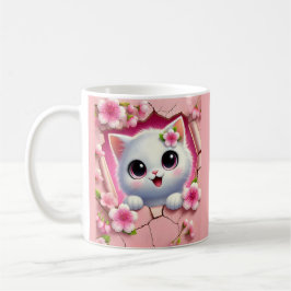 Schattige 3D kat kijkt door bloemige muurontwerp Koffiemok