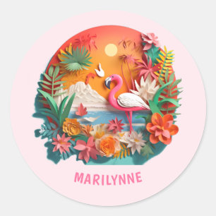 Schattige 3D Roze Flamingo Terug naar School Ronde Sticker