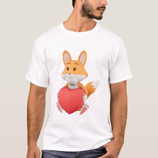 Schattige 3D-vos met rood hart. T-shirt (Voorkant)