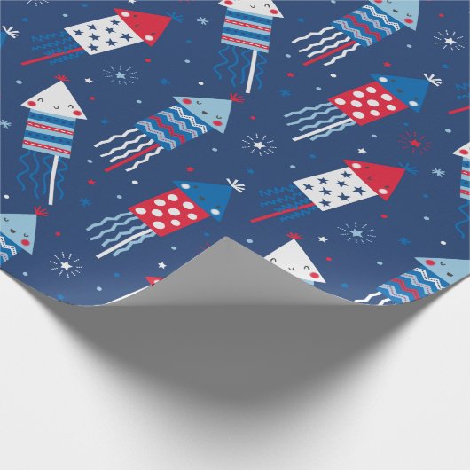 Schattige 4 juli vuurwerk rood wit blauw cadeaupapier (Hoek)
