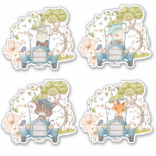 Schattige 4 Woodland Animals Vintage Car Foliage B Sticker
