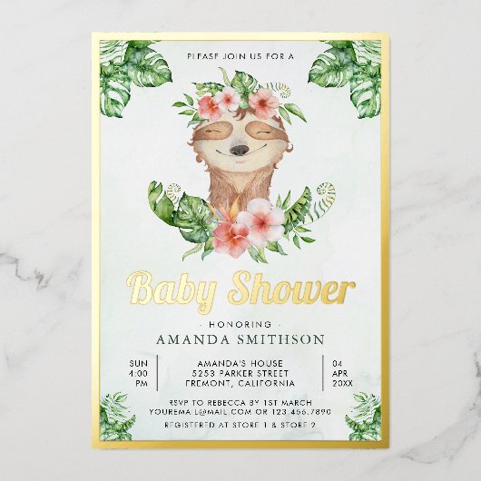Schattige Aandoenlijke Bloem Sloth Meisje Baby Sho Folie Uitnodiging (Voorkant)