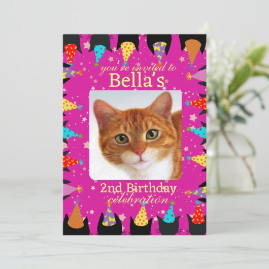 Schattige aangepaste foto roze kat verjaardagsfees kaart