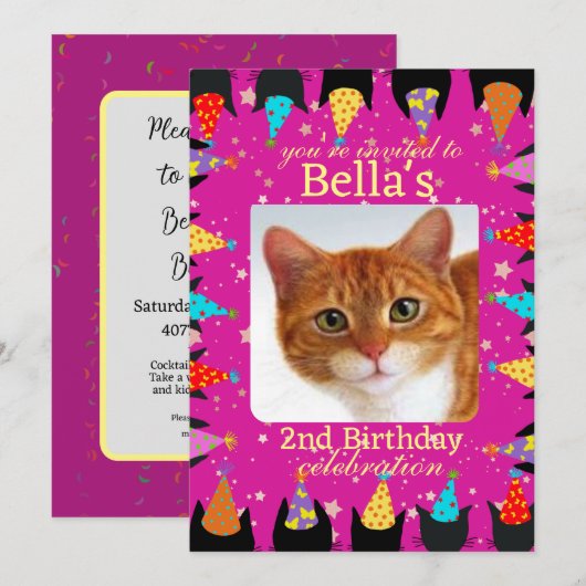 Schattige aangepaste foto roze kat verjaardagsfees kaart (Voorkant / Achterkant)