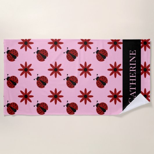 schattige aangepaste naam ladybugs bloemen geperso strandlaken (Voorkant)