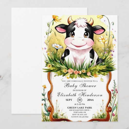 Schattige Aangepaste Waterverf Koe Baby shower Kaart (Voorkant / Achterkant)