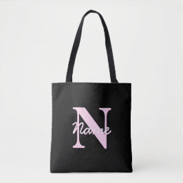 Schattige aanpasbare monogram | Lichtroze en zwart Tote Bag