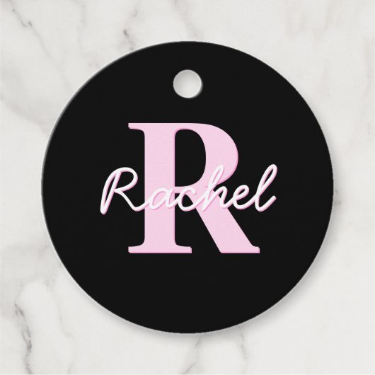 Schattige aanpasbare monogram | Lichtroze & Zwart Bedankjes Labels (Voorkant)